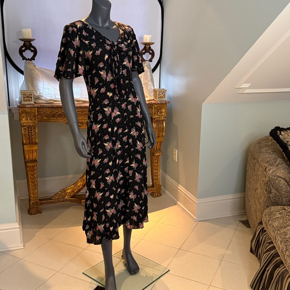 Casual Corner Pink and Black Ruffled Midi Dress
